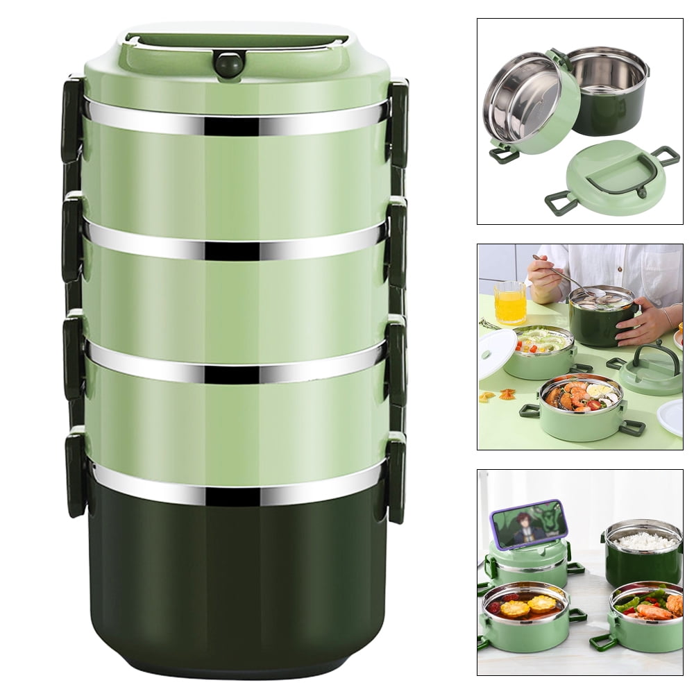 Home Thermal Bento Lunch Box, 4-Tier Cylinder Stackable Lunch Box,Portable Insulated Lunch Container, Leakproof Stainless Steel Food Container For Student Adult To Work School-Green