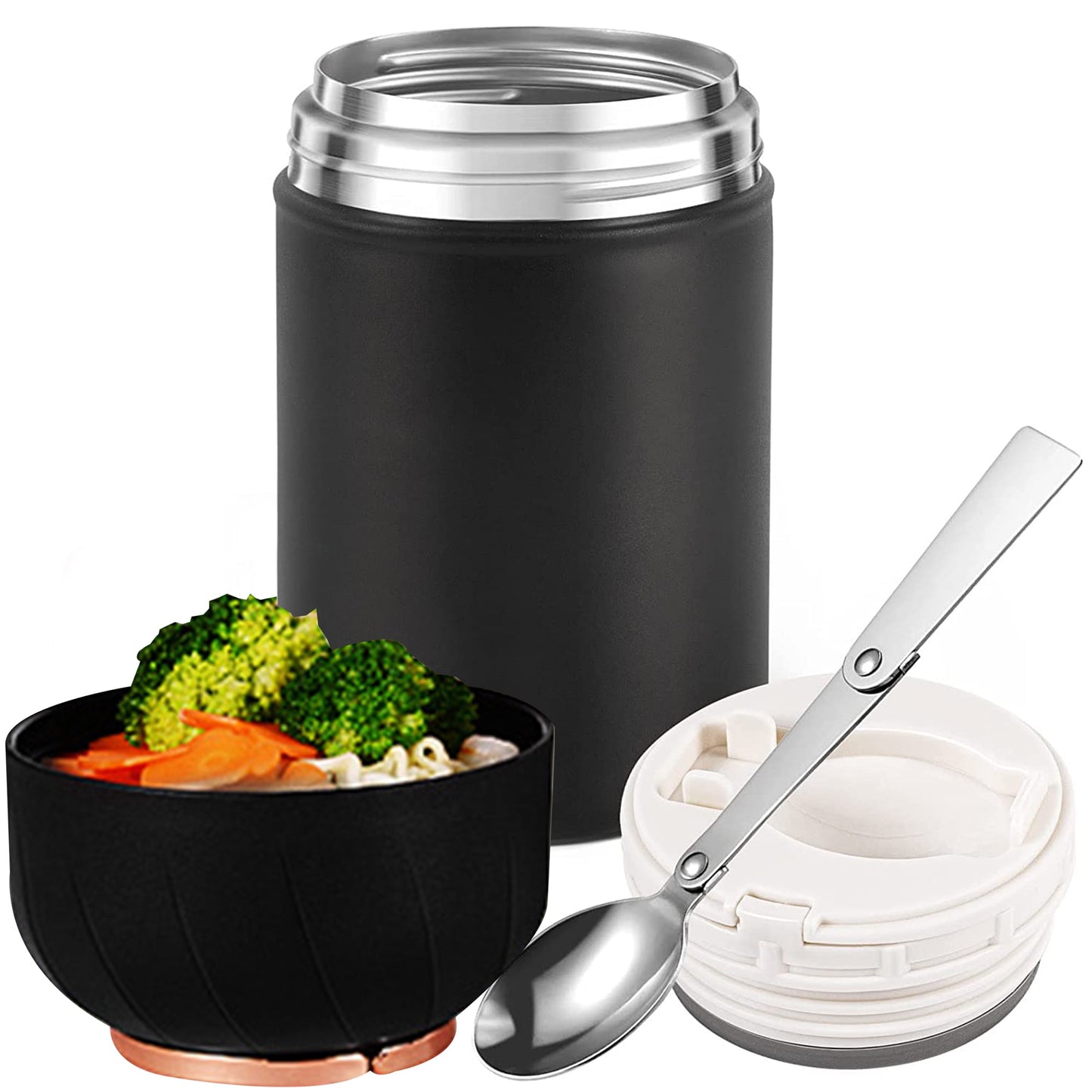 Insulated Food Flask, 600ML Insulated Food Jar with Folding Spoon, Stainless Steel Lunch Food Container Flask for Hot and Cold Food, Lunch Box for School Office Picnic Travel Outdoors Black